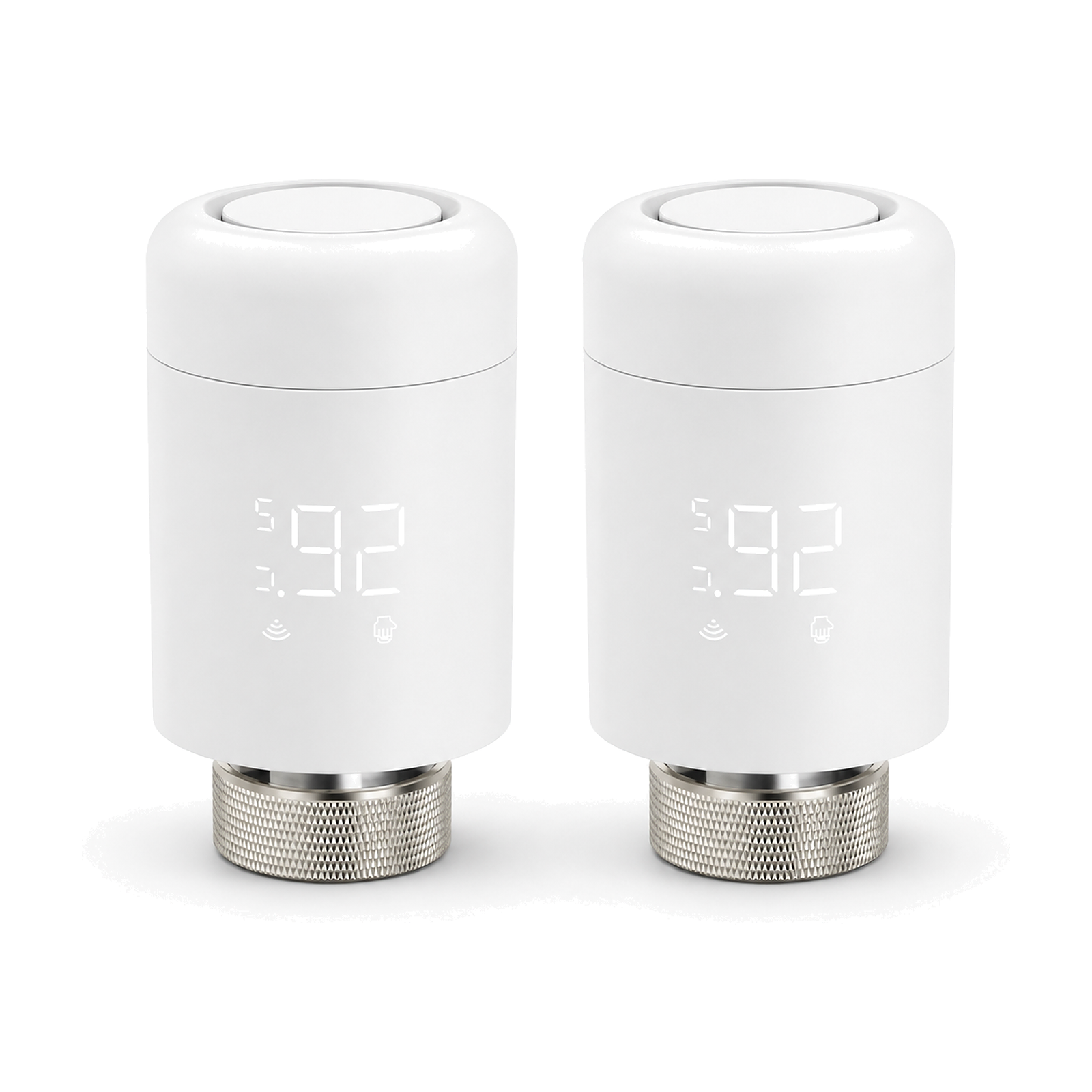 Lot de deux vannes thermostatiques Wi-Fi NéoValve blanches sur fond blanc