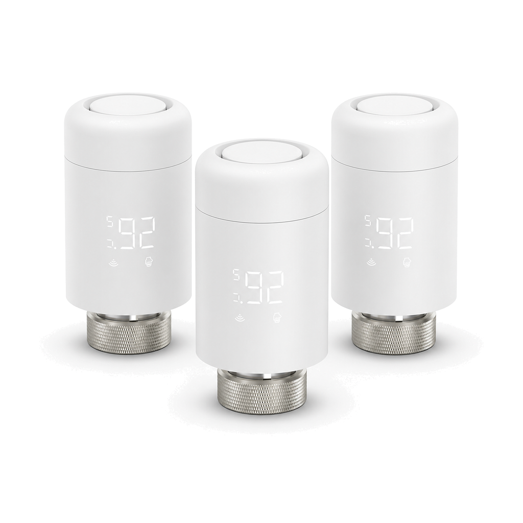 Lot de trois vannes thermostatiques Wi-Fi NéoValve blanches sur fond blanc