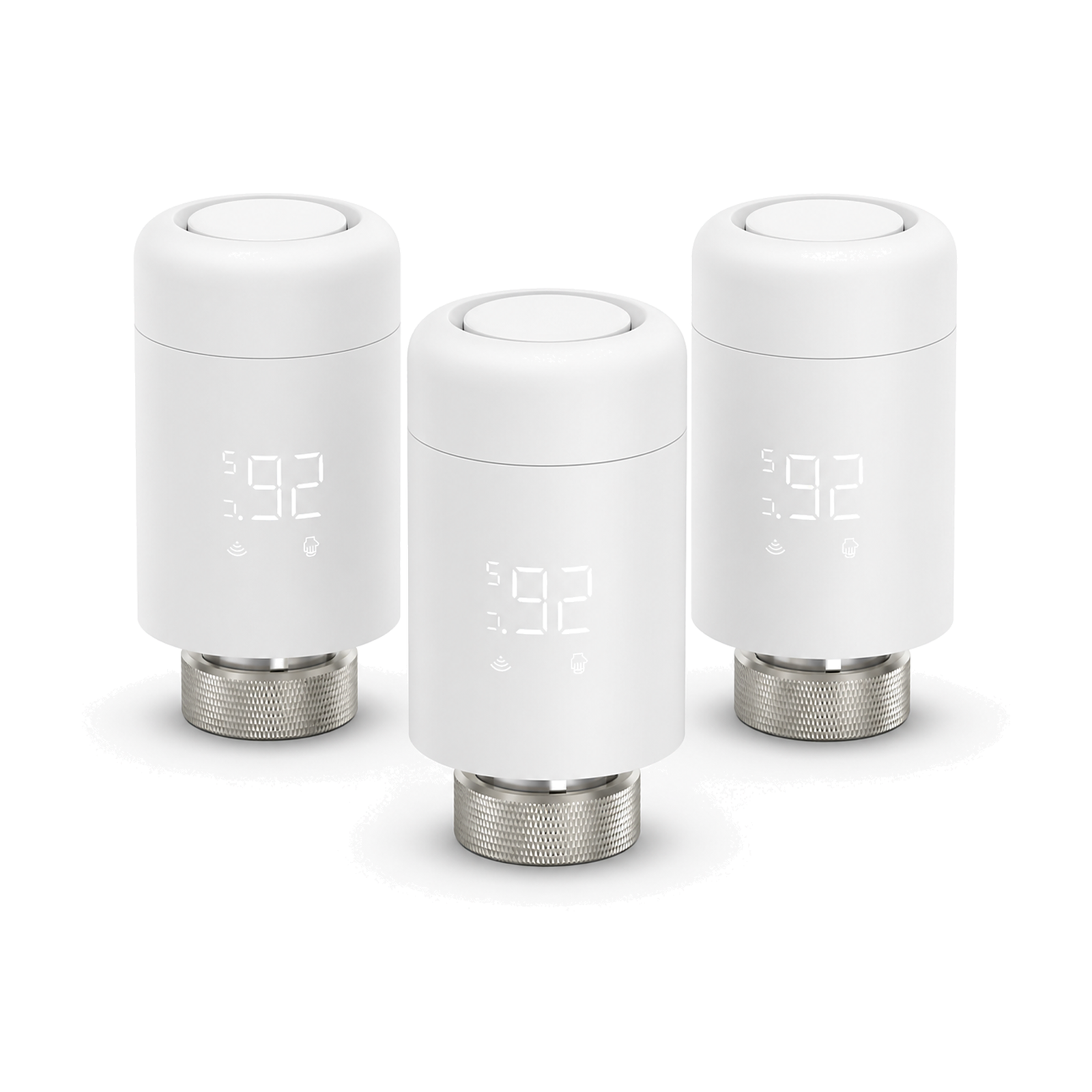Lot de trois vannes thermostatiques Wi-Fi NéoValve blanches sur fond blanc