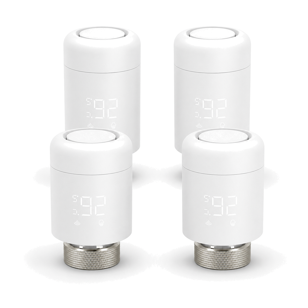 Lot de quatre vannes thermostatiques Wi-Fi NéoValve blanches sur fond blanc