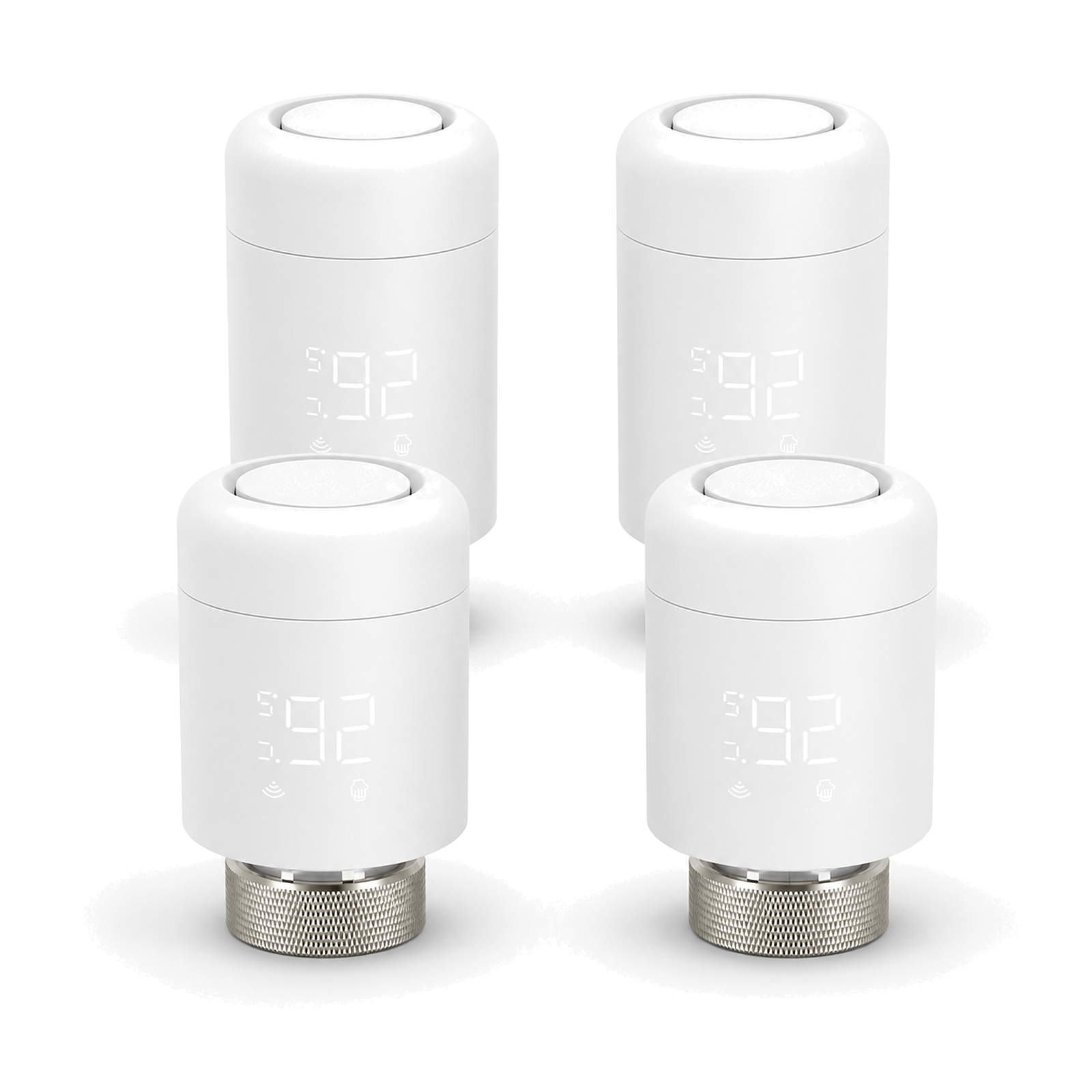 Lot de quatre vannes thermostatiques Wi-Fi NéoValve blanches sur fond blanc
