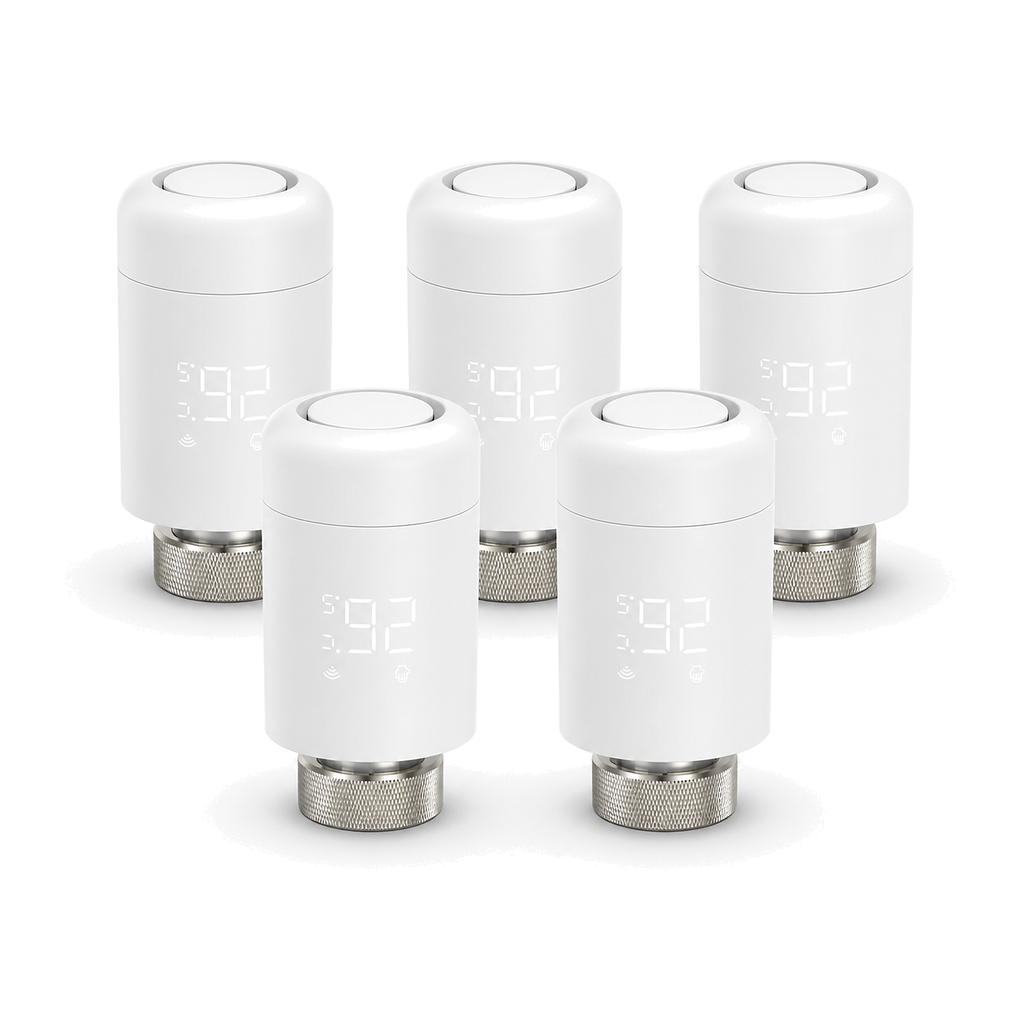 Lot de cinq vannes thermostatiques Wi-Fi NéoValve blanches sur fond blanc