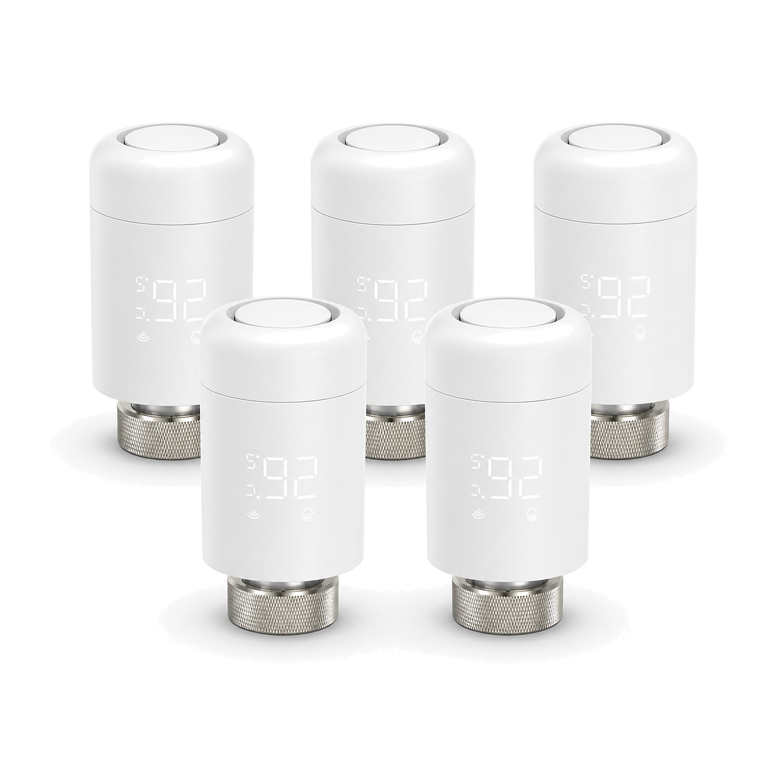 Lot de cinq vannes thermostatiques Wi-Fi NéoValve blanches sur fond blanc
