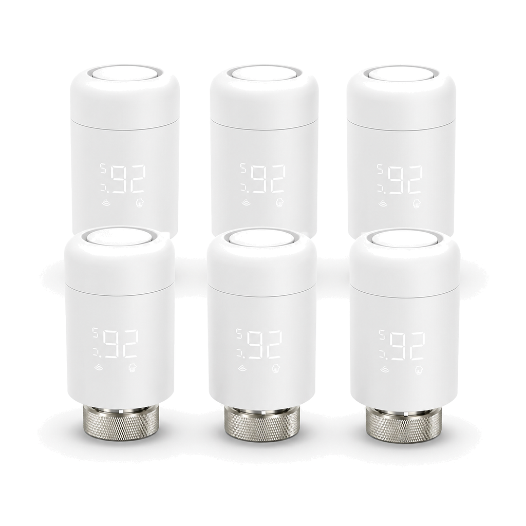 Lot de six vannes thermostatiques Wi-Fi NéoValve blanches sur fond blanc