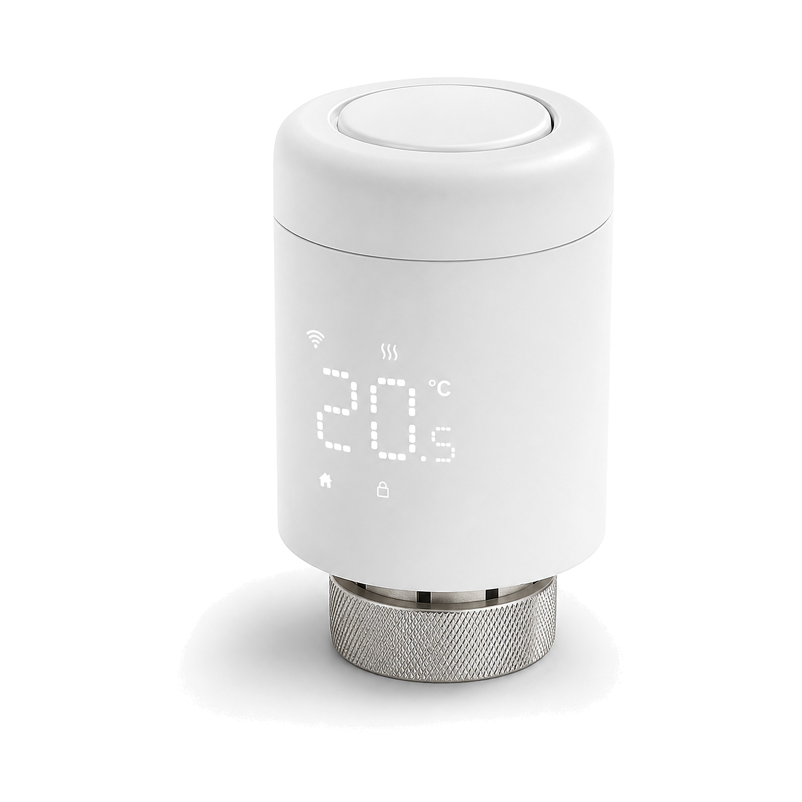 Vanne thermostatique Wi-Fi NéoValve blanche vue en angle sur fond blanc