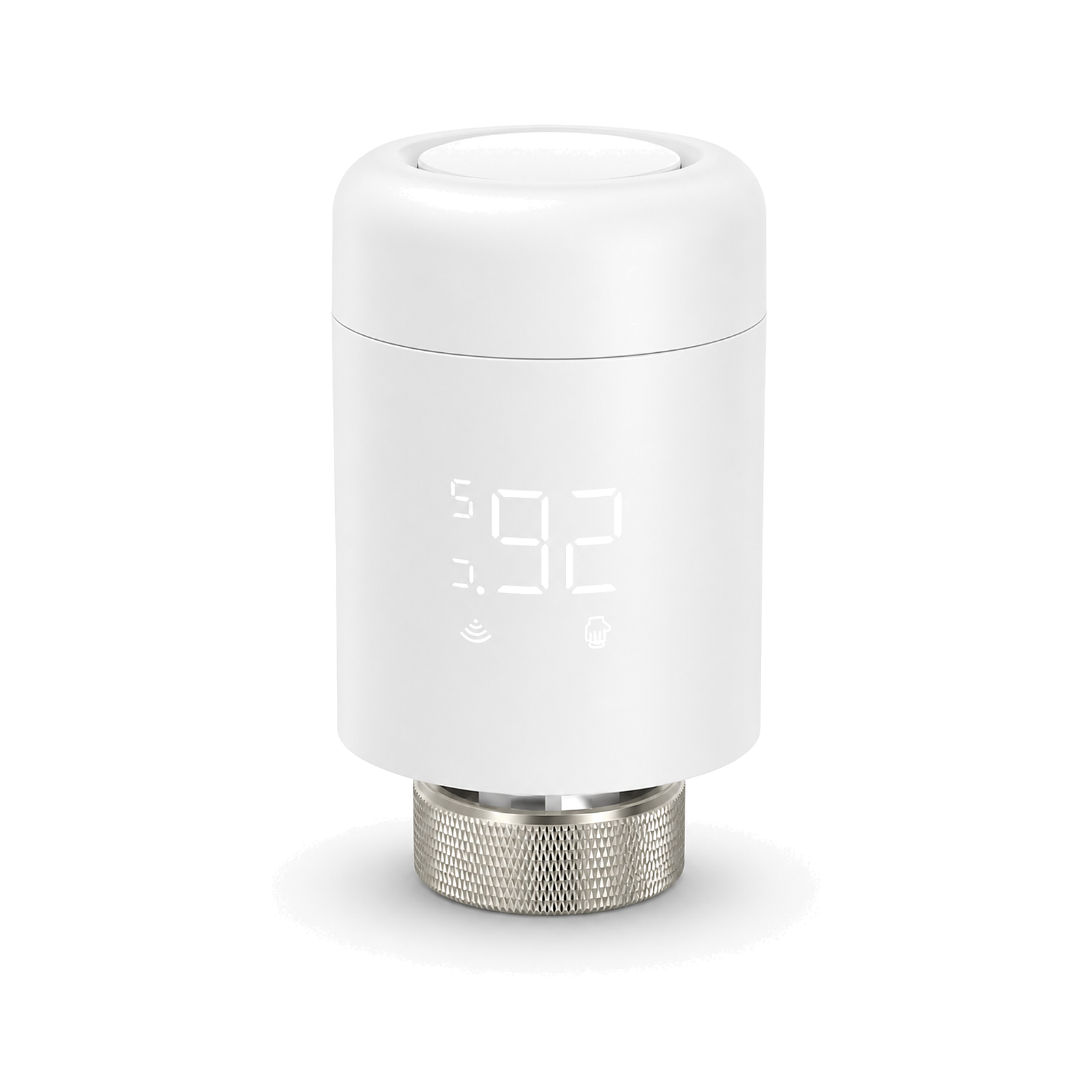Vanne thermostatique Wi-Fi NéoValve blanche en vue verticale sur fond blanc