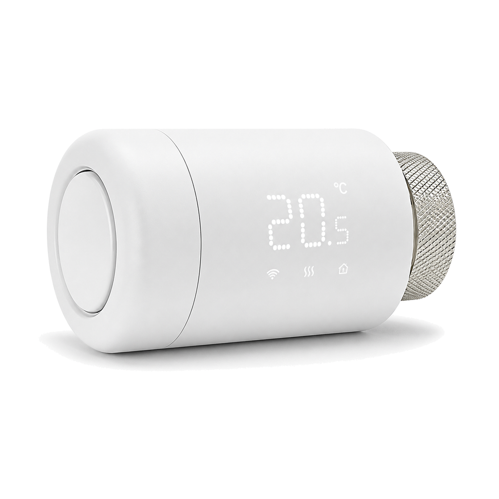 Vanne thermostatique Wi-Fi NéoValve blanche vue de profil sur fond blanc