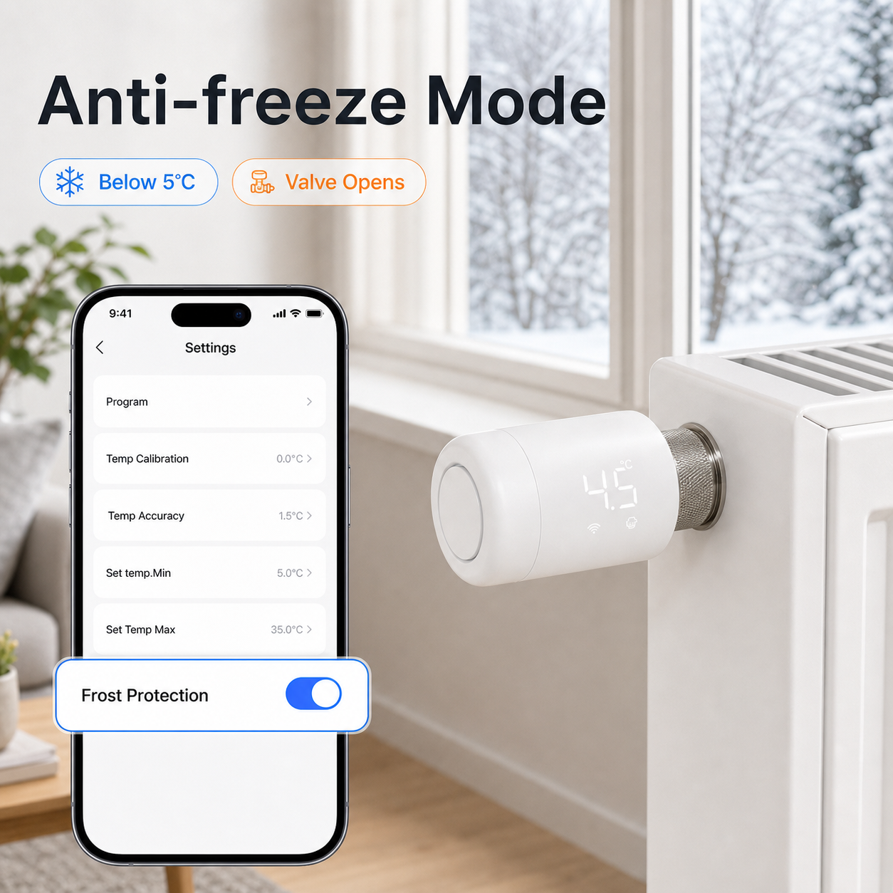Anti-freeze mode for a ZigBee smart thermostatic radiator valve near a winter window