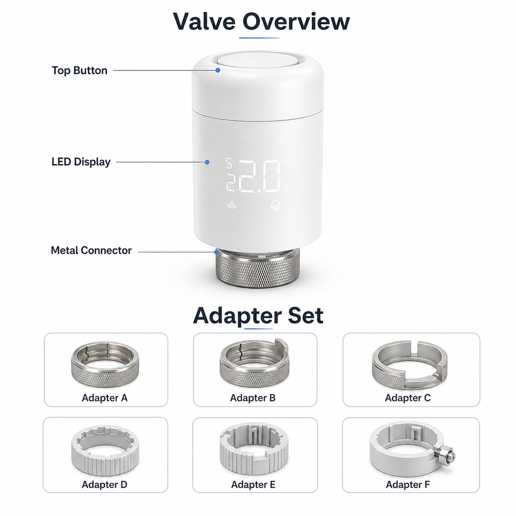 Overview of ZigBee smart radiator valve parts and generic adapter set