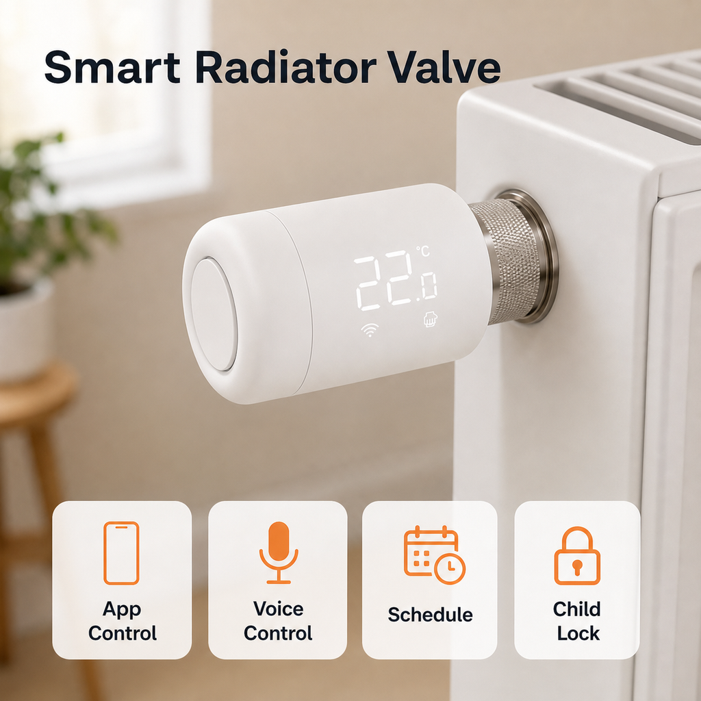 Smart radiator valve installed on a radiator with app voice schedule and child lock feature icons