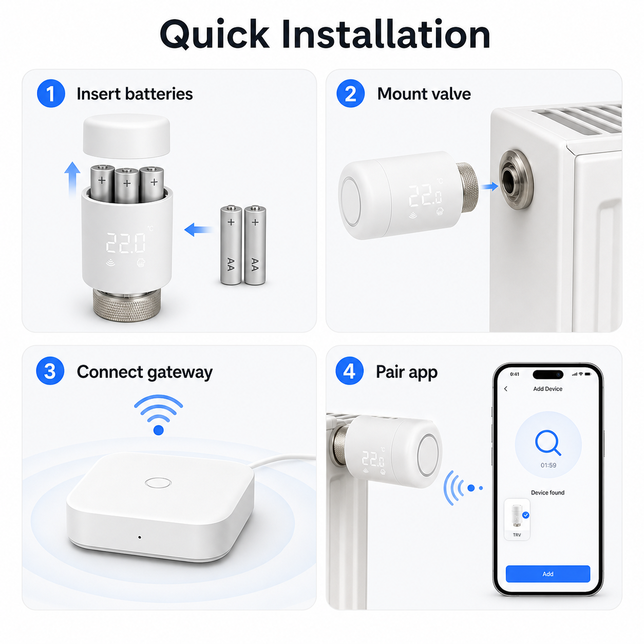 Quick installation steps for a ZigBee smart thermostatic radiator valve