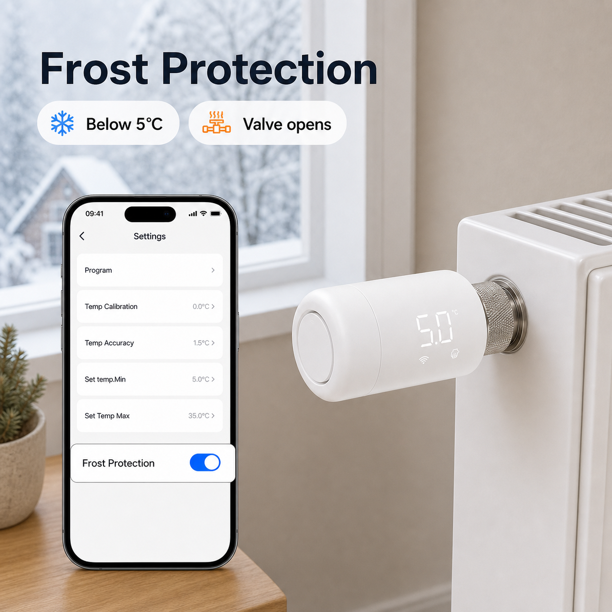 Frost protection setting for a ZigBee smart thermostatic radiator valve