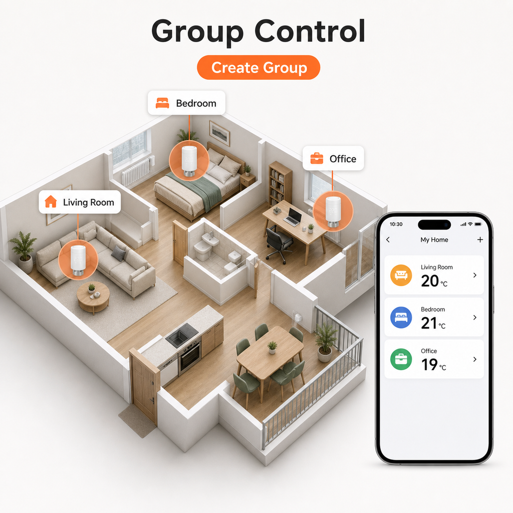 Group control for multiple ZigBee smart thermostatic radiator valves across rooms