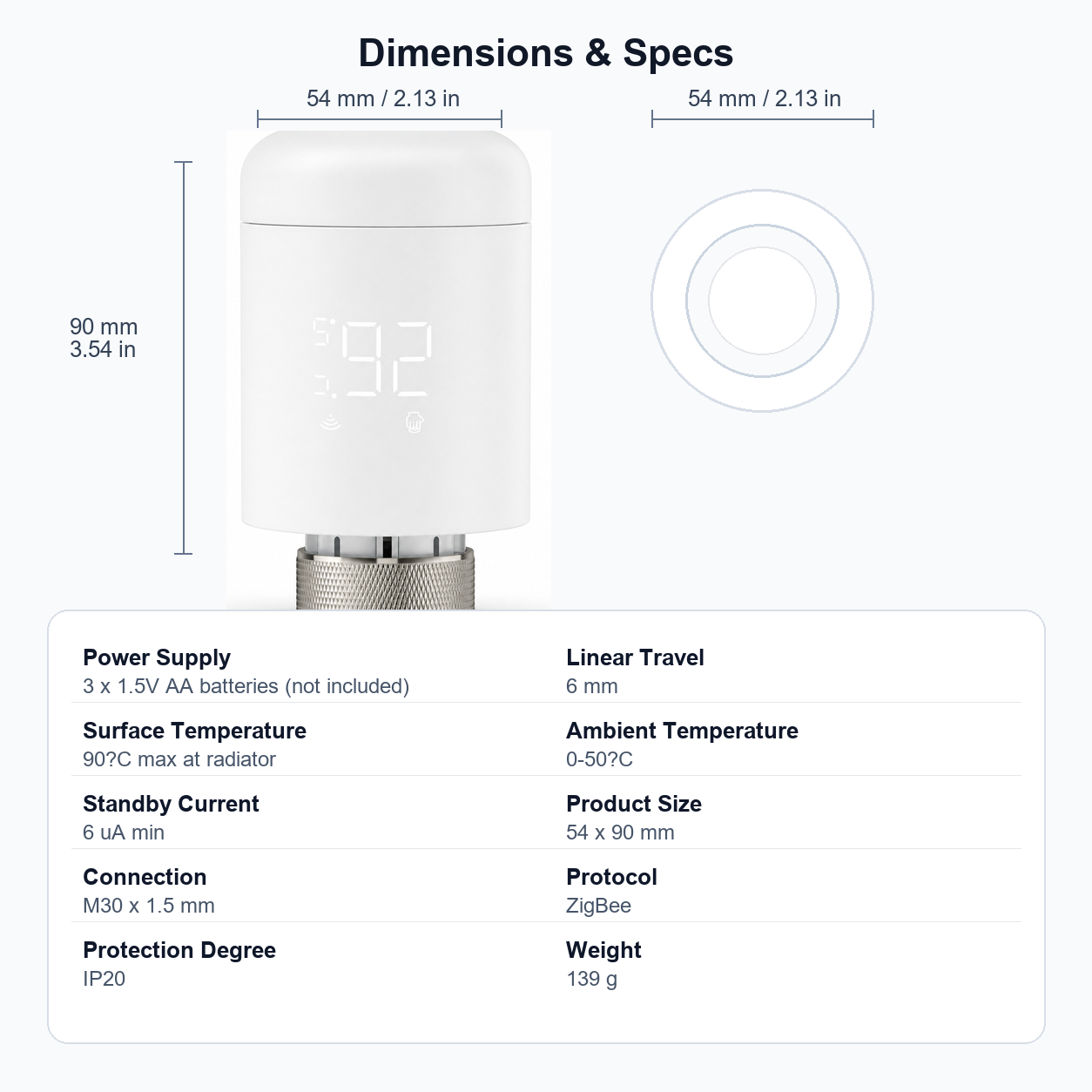 Dimensions and technical specifications for a ZigBee smart thermostatic radiator valve