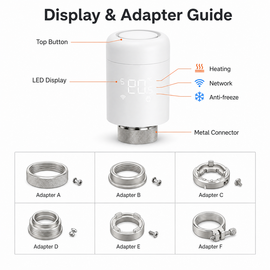 Display and adapter guide for a ZigBee smart thermostatic radiator valve