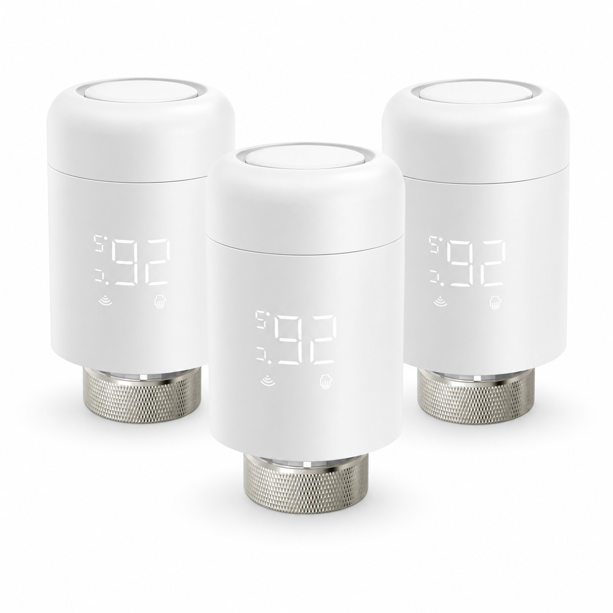 Pack of three ZigBee smart thermostatic radiator valves on a white studio background