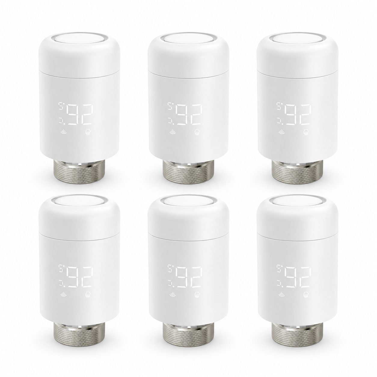 Pack of six ZigBee smart thermostatic radiator valves on a white studio background