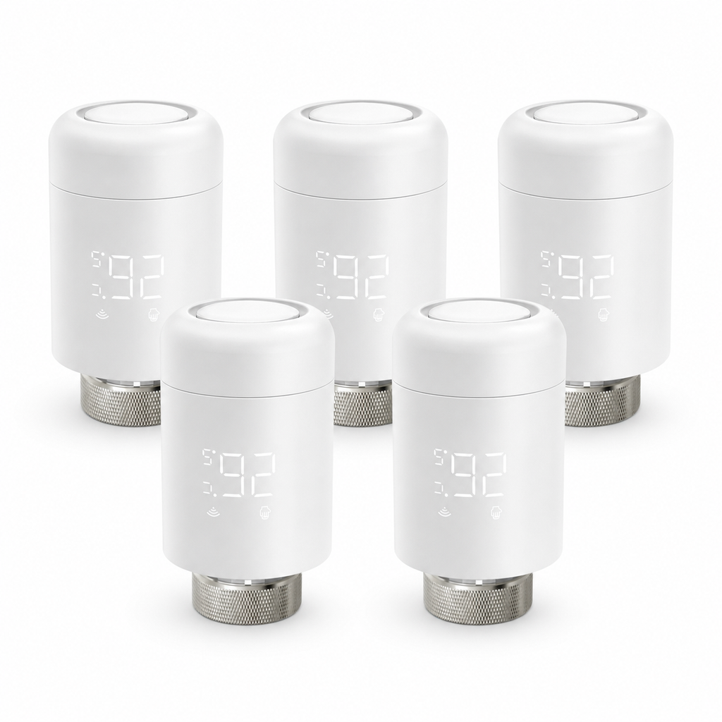 Pack of five ZigBee smart thermostatic radiator valves on a white studio background
