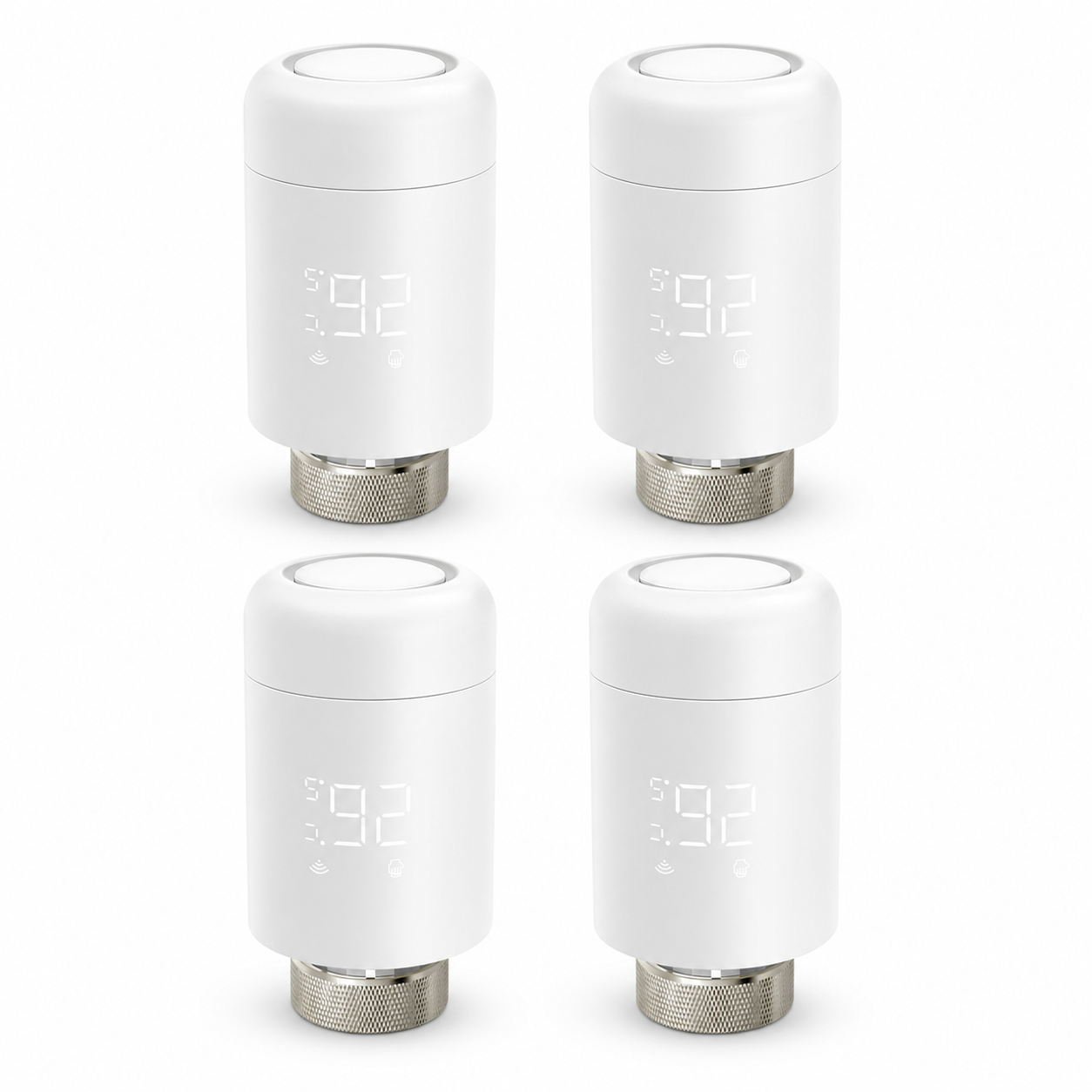 Pack of four ZigBee smart thermostatic radiator valves on a white studio background