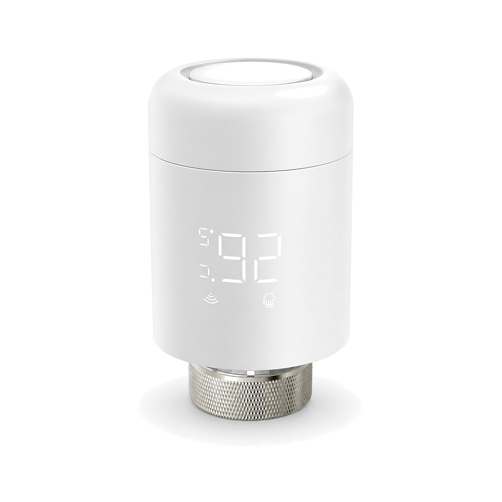 Une vanne thermostatique ZigBee NéoValve blanche sur fond blanc