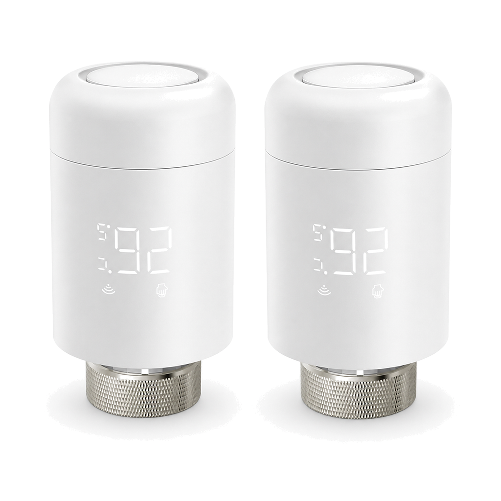 Lot de deux vannes thermostatiques ZigBee NéoValve blanches sur fond blanc