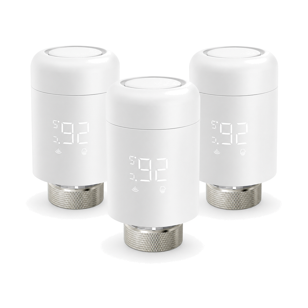 Lot de trois vannes thermostatiques ZigBee NéoValve blanches sur fond blanc