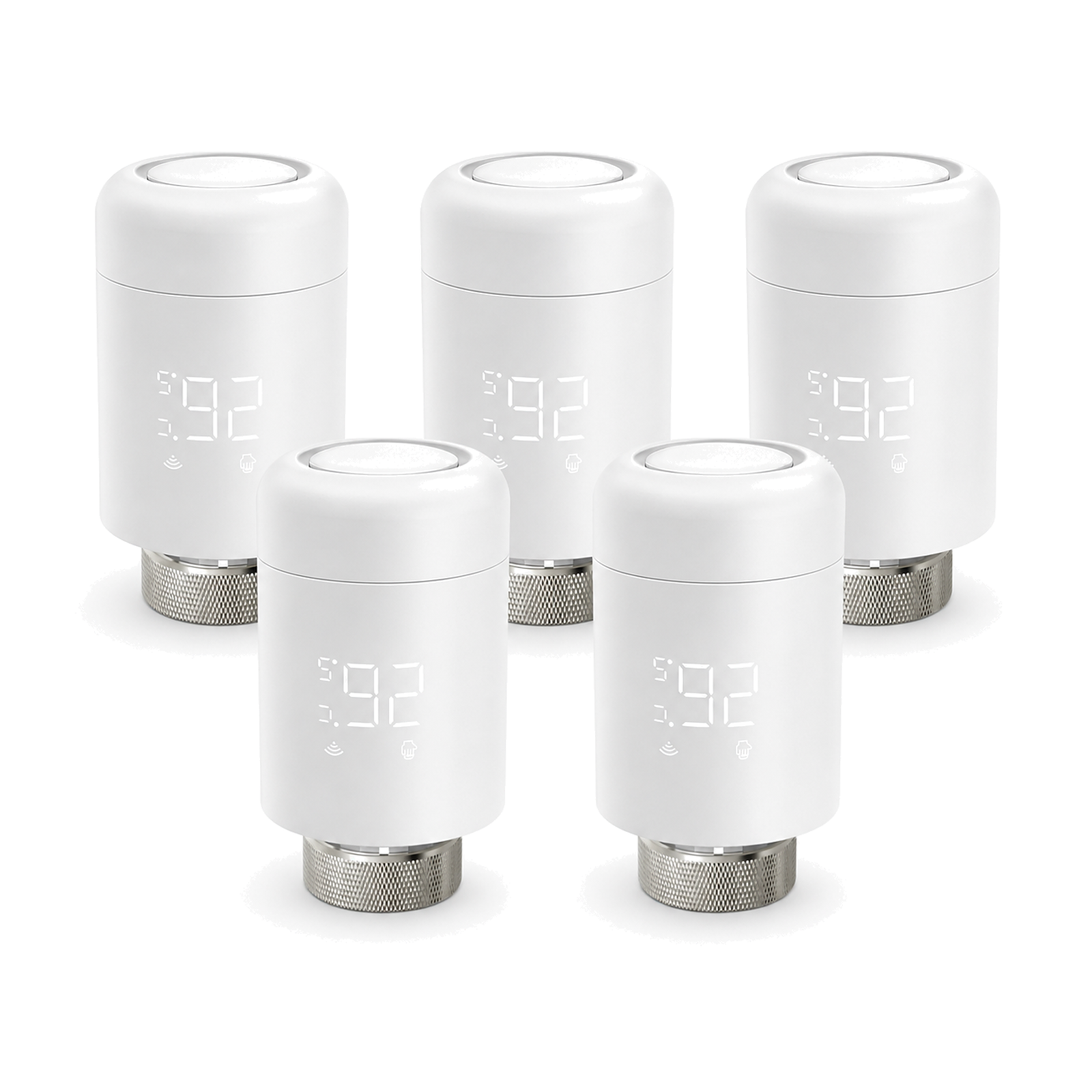 Lot de cinq vannes thermostatiques ZigBee NéoValve blanches sur fond blanc