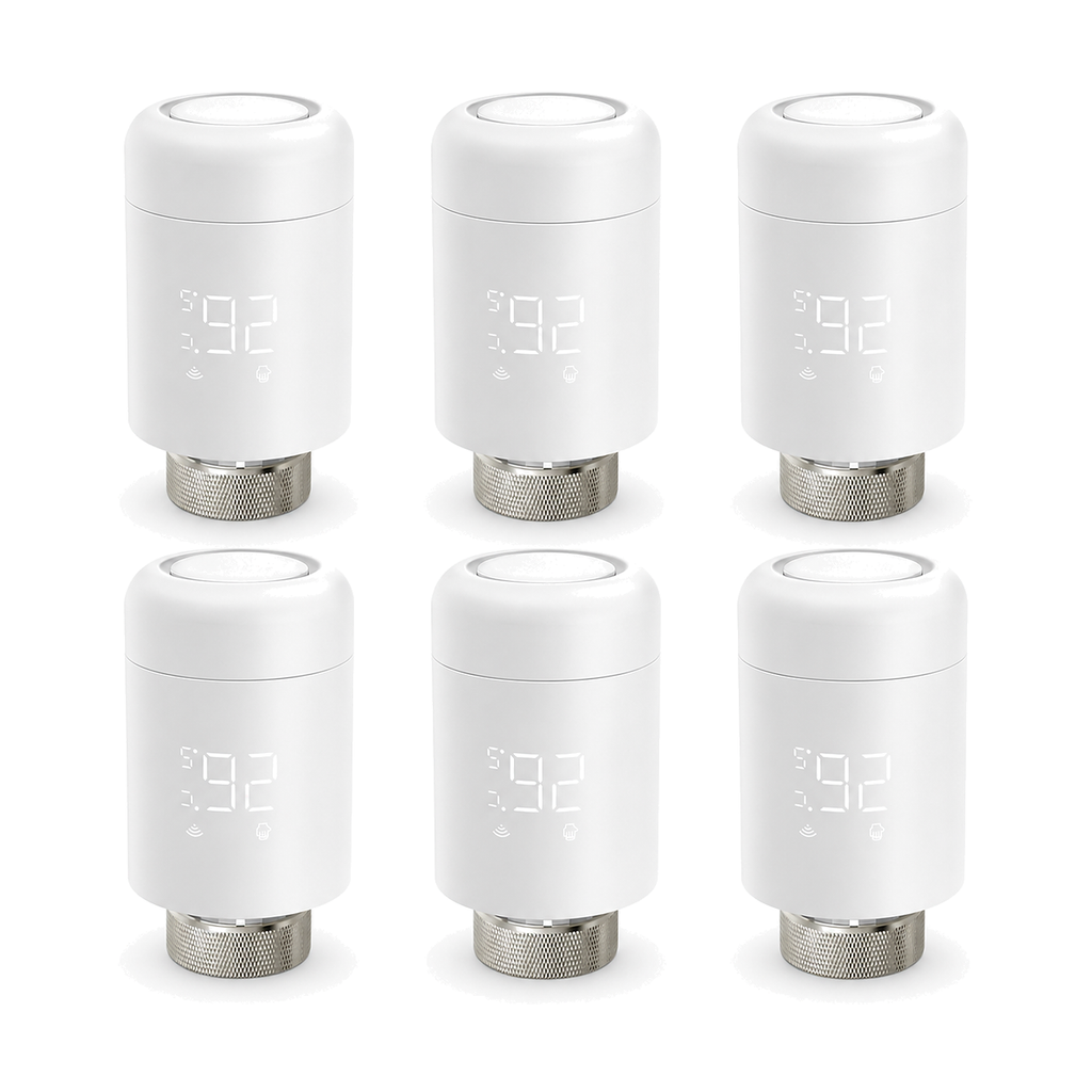 Lot de six vannes thermostatiques ZigBee NéoValve blanches sur fond blanc