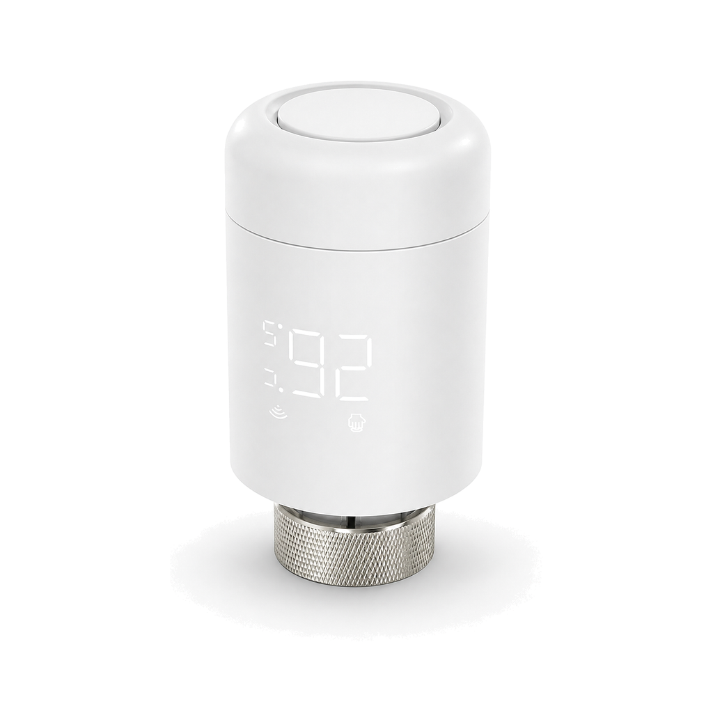 Vanne thermostatique ZigBee NéoValve blanche en vue verticale sur fond blanc