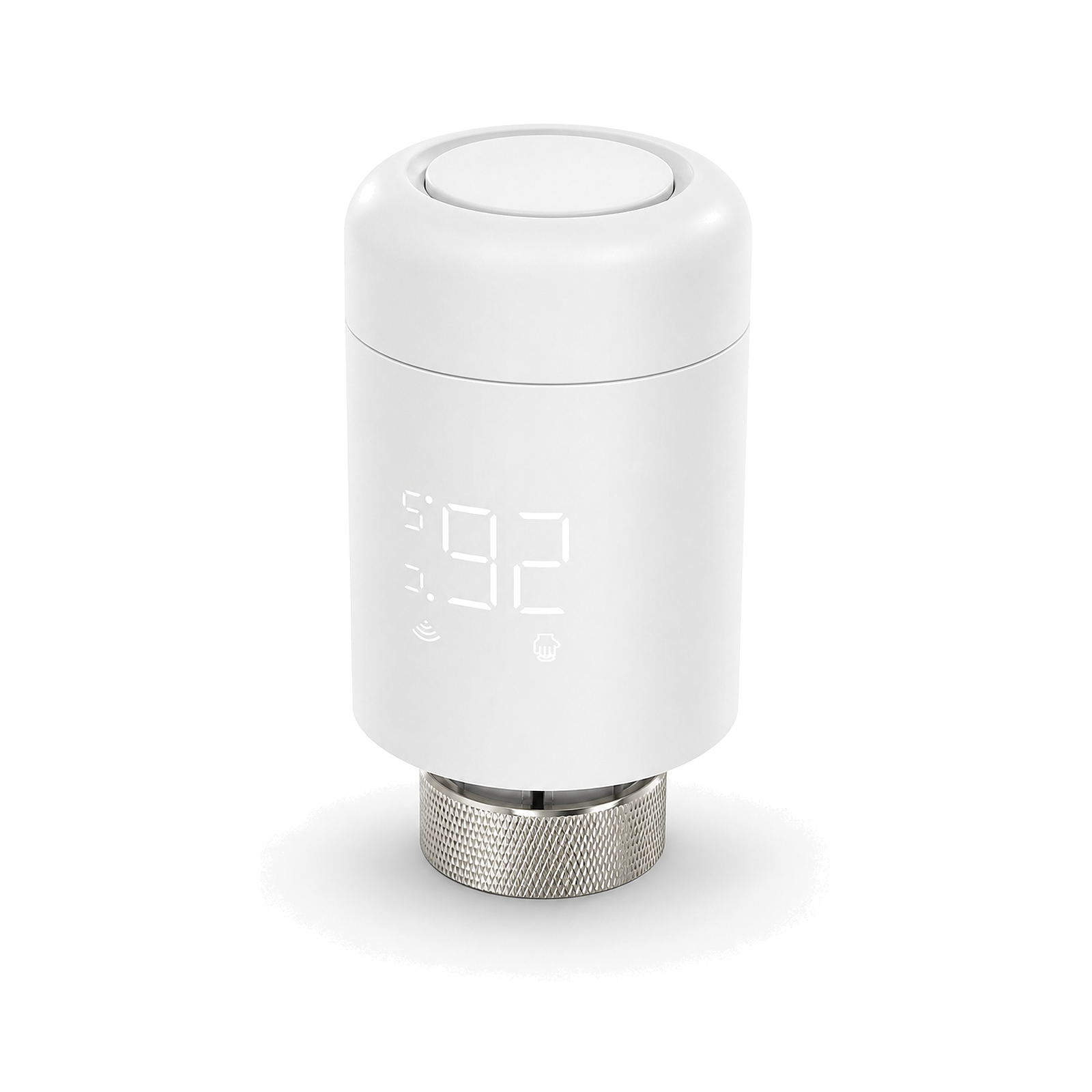 Vanne thermostatique ZigBee NéoValve blanche en vue verticale sur fond blanc