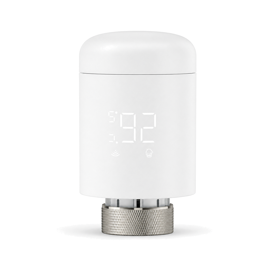 Vanne thermostatique ZigBee NéoValve blanche vue de face sur fond blanc