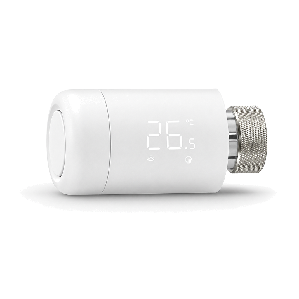 Vanne thermostatique ZigBee NéoValve blanche vue de profil sur fond blanc