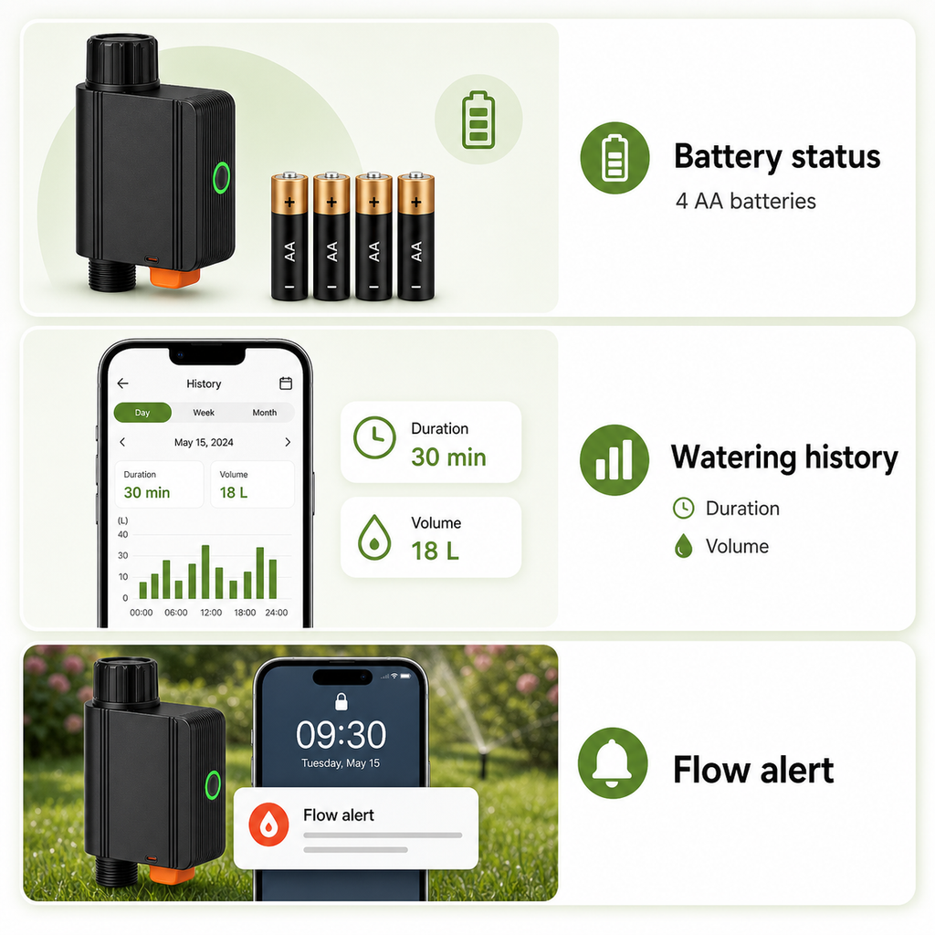 Battery status watering history and flow alert panels for smart water valve