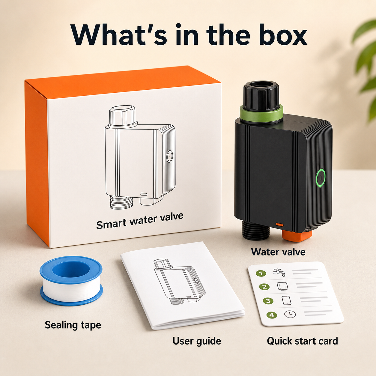 Box contents for smart Zigbee water valve with user guide and sealing tape