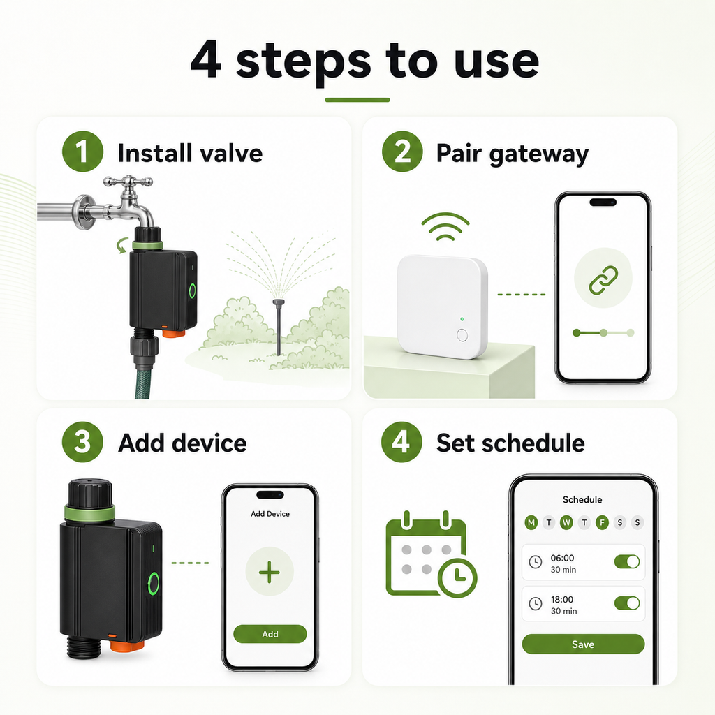Four step setup guide for Zigbee smart water valve