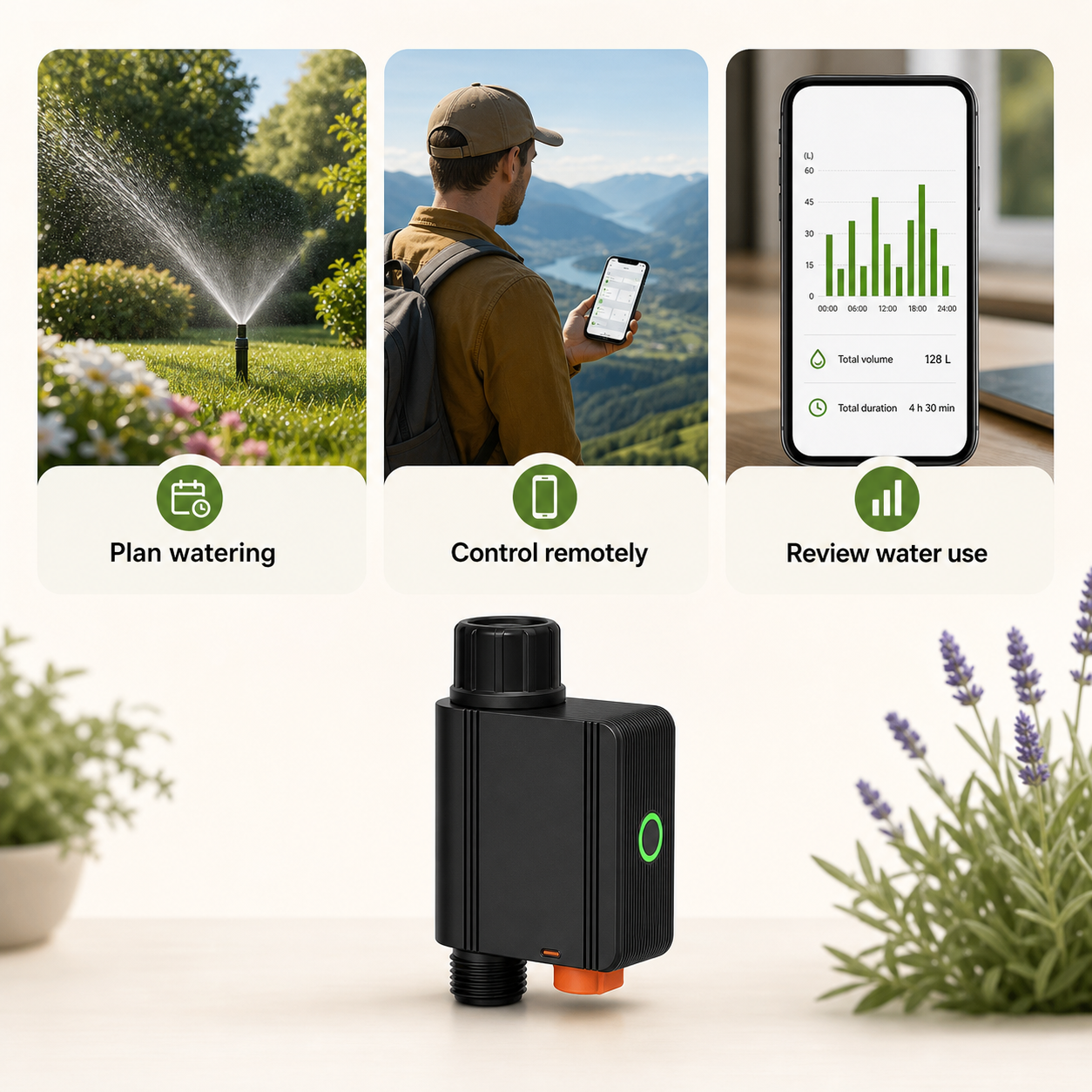 Smart water valve for planning remote control and water use review