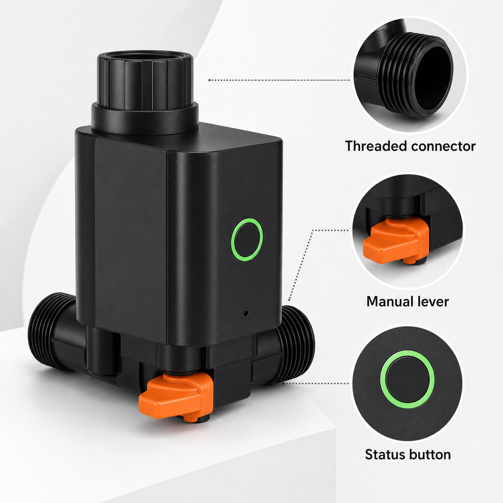Threaded connector manual lever and status button details for smart water valve