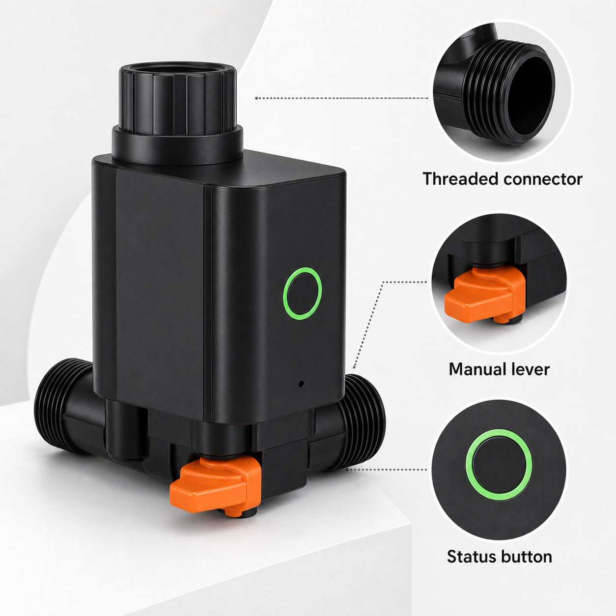 Threaded connector manual lever and status button details for smart water valve