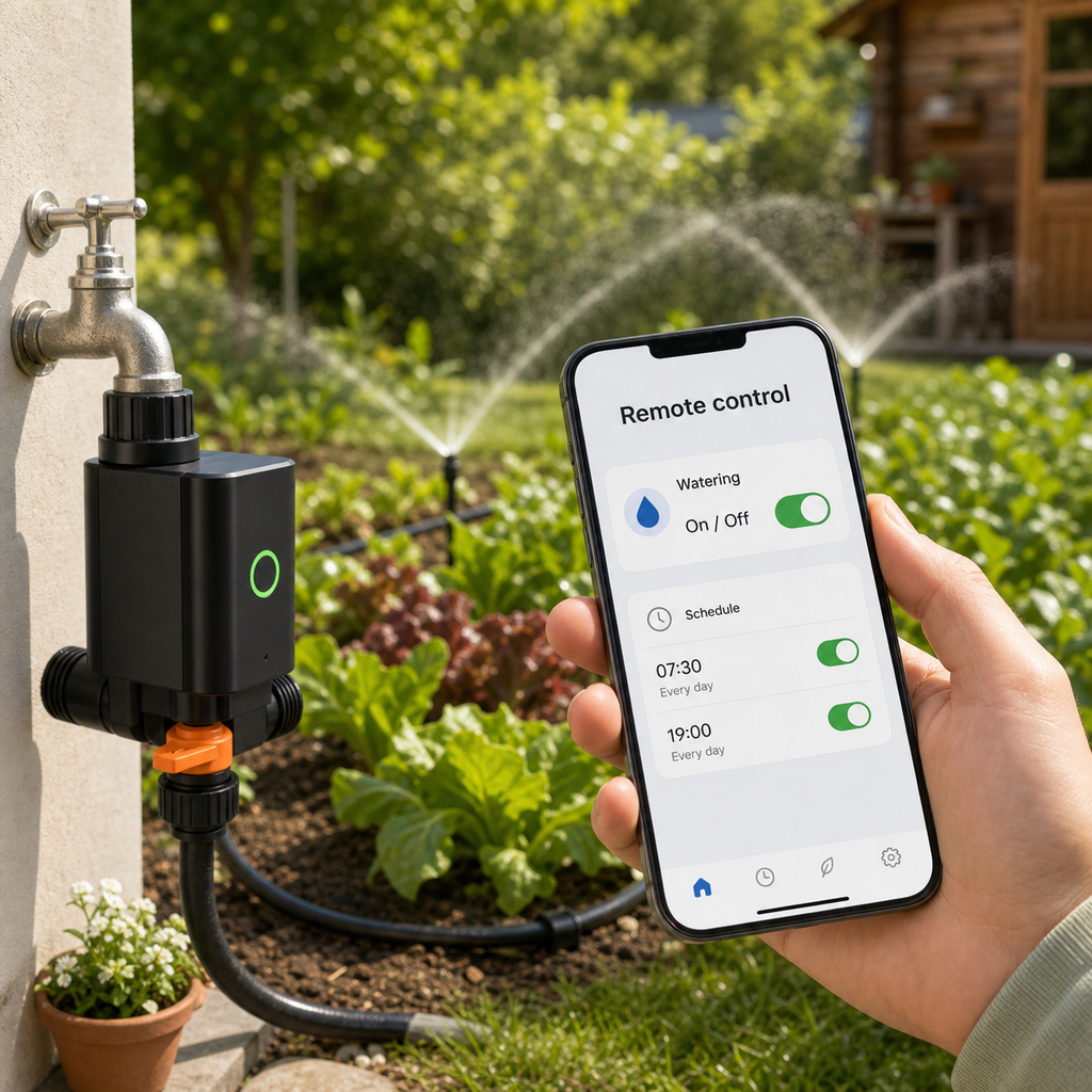 Remote app control for Zigbee water valve installed on garden faucet