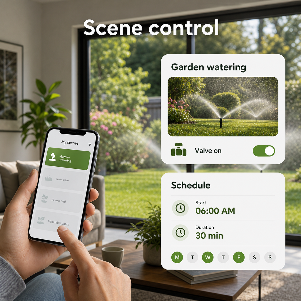 Generic scene control for garden watering with smart water valve