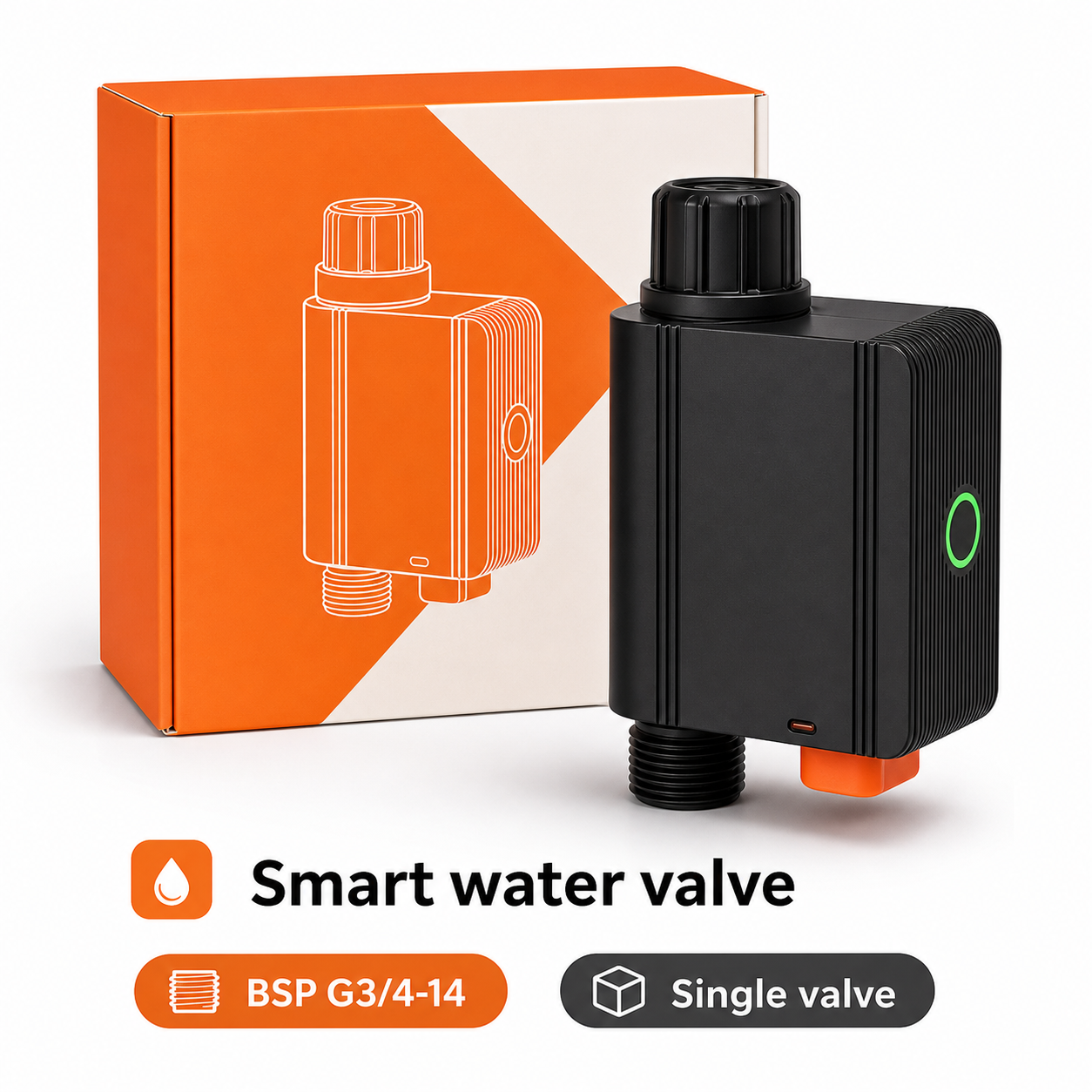 Single BSP G3/4-14 smart water valve packshot with box