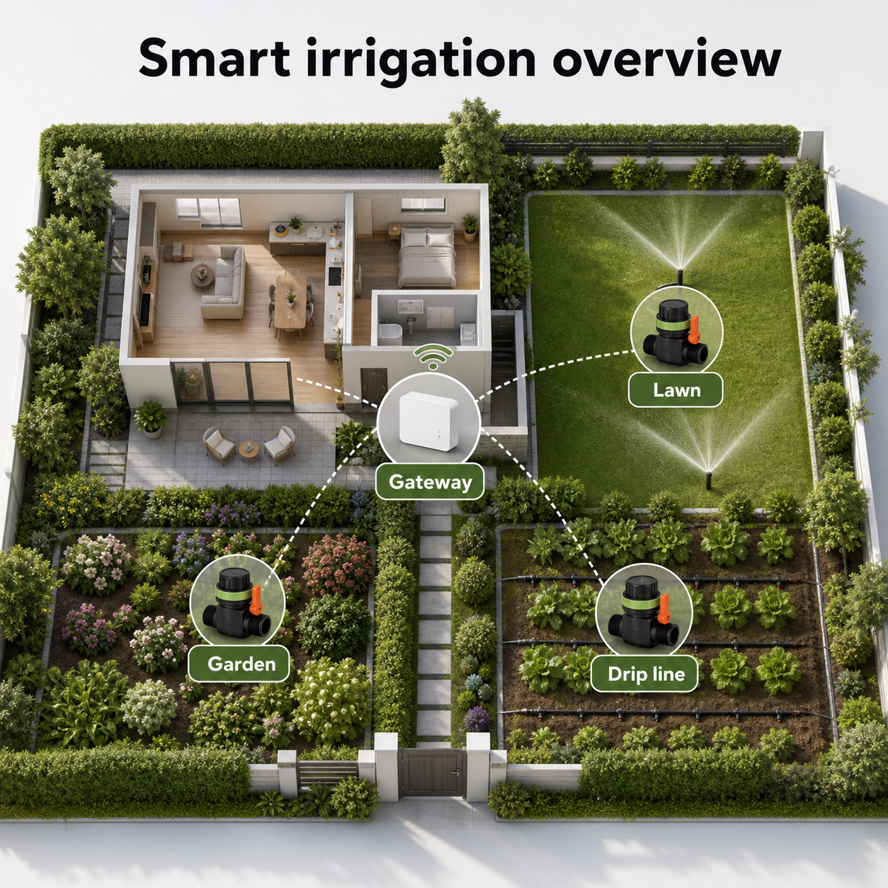 Smart irrigation overview with Zigbee water valve and garden zones