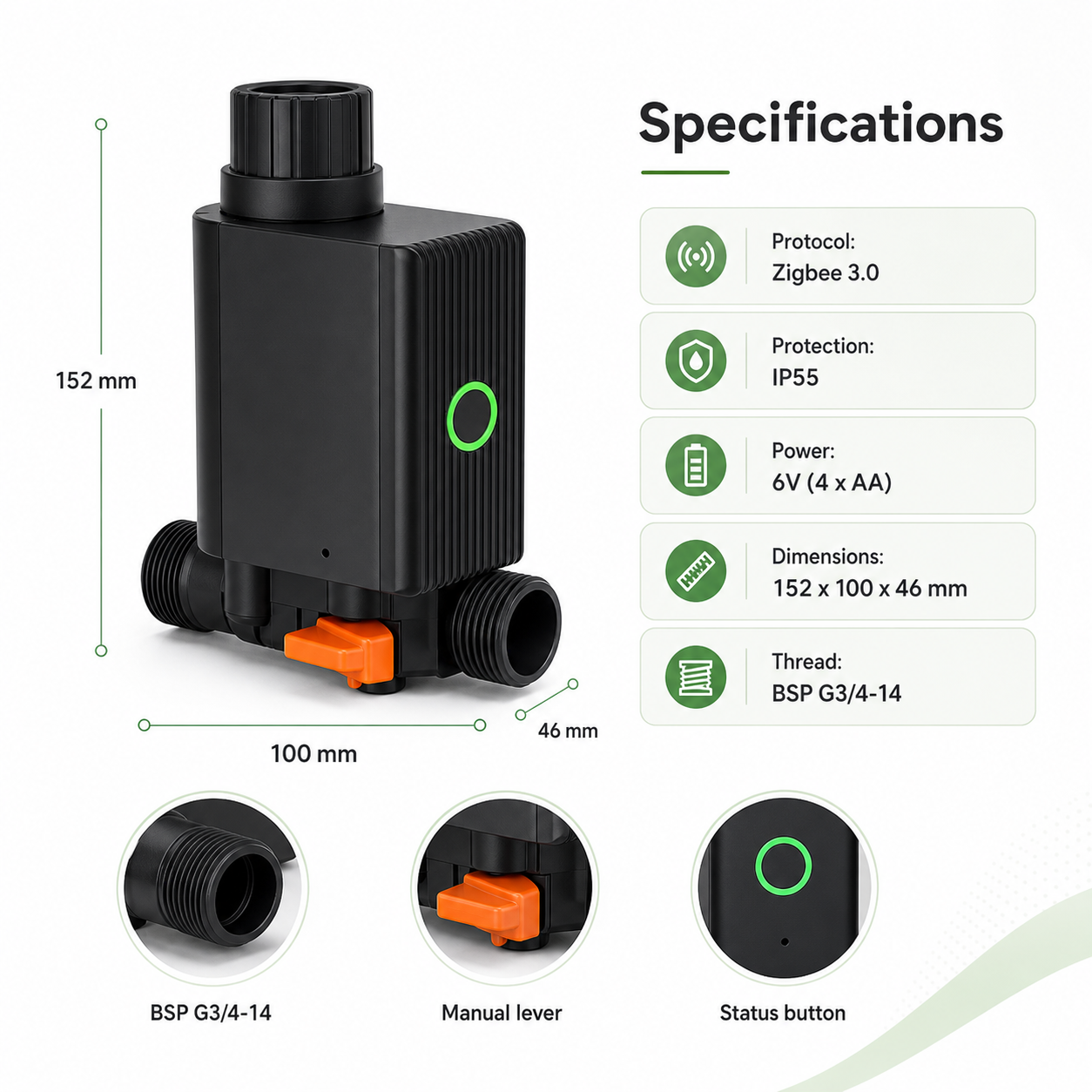 Specifications overview for Zigbee IP55 smart water valve