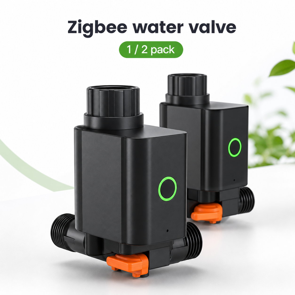 Studio packshot of Zigbee smart water valve with single and 2 pack option