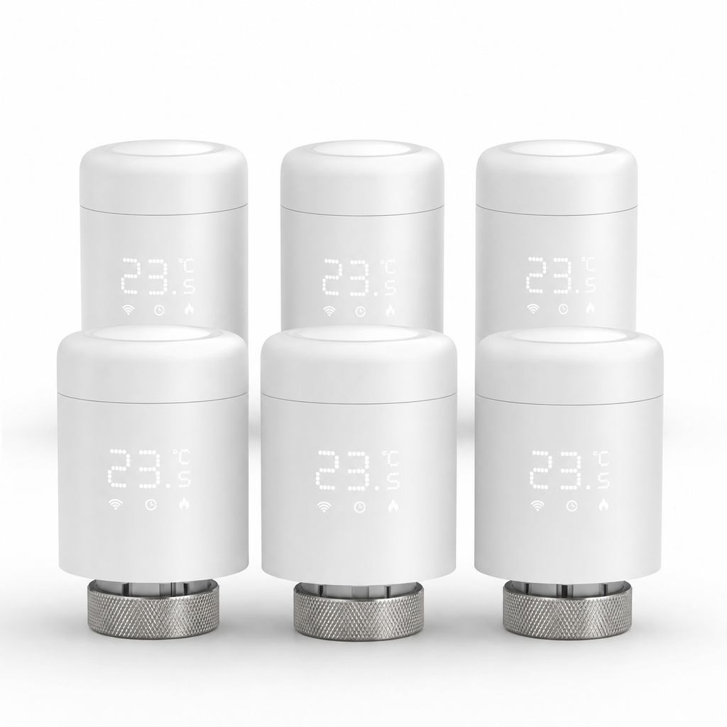 Studio packshot of six Wi-Fi thermostatic radiator valves
