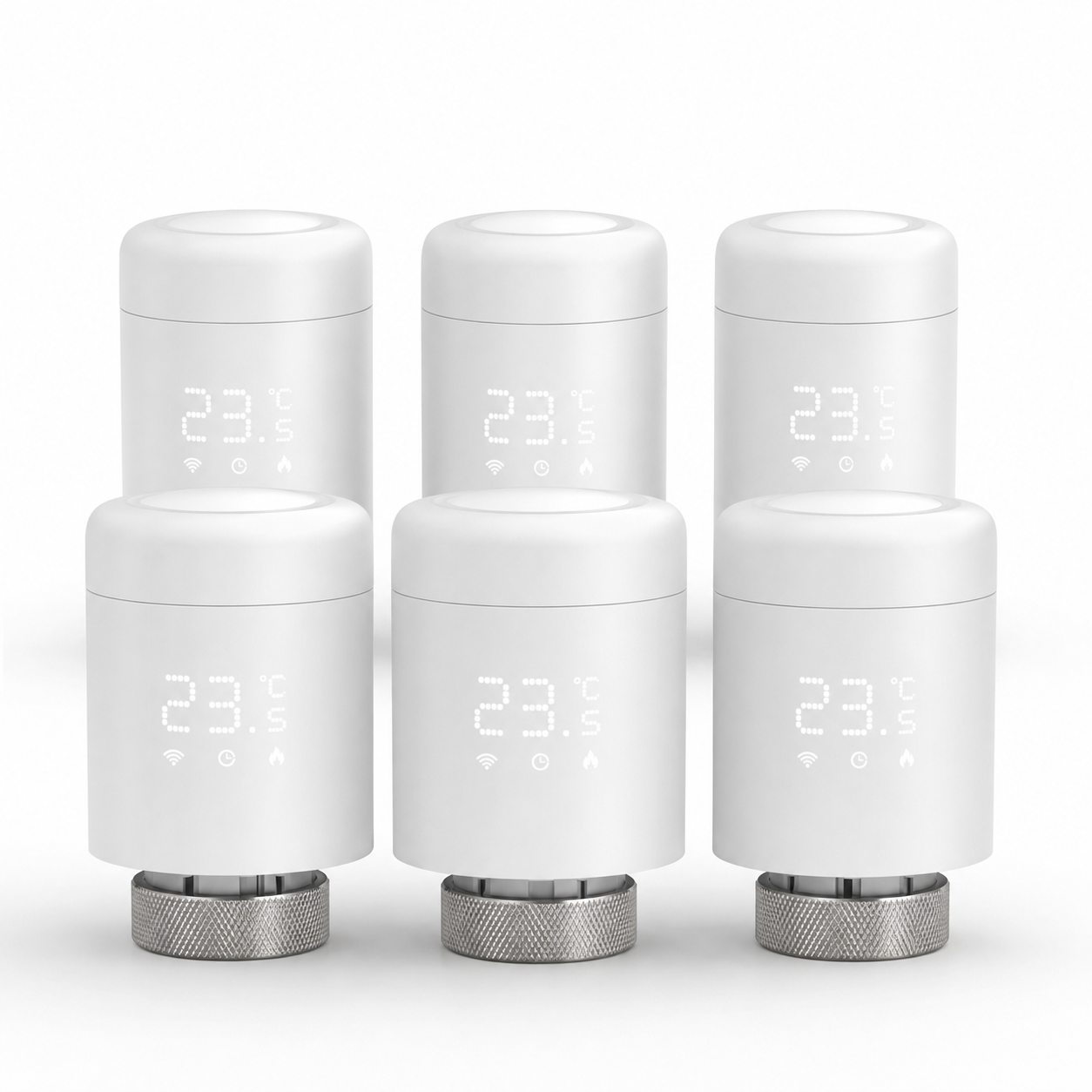 Studio packshot of six Wi-Fi thermostatic radiator valves