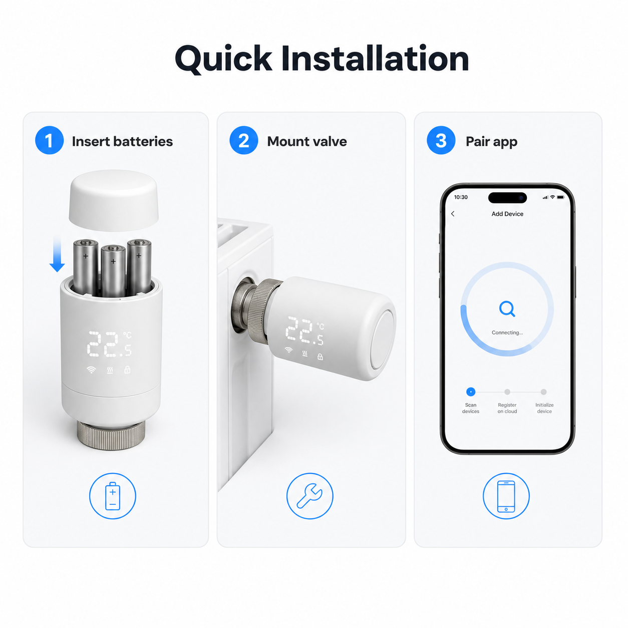 Quick installation steps for Wi-Fi thermostatic radiator valve