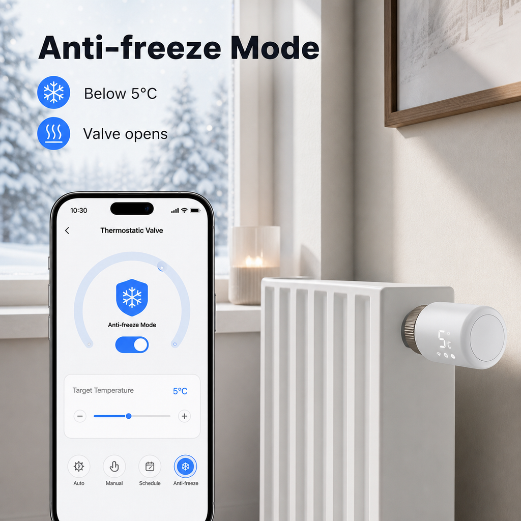 Anti-freeze mode visual for Wi-Fi radiator valve on radiator