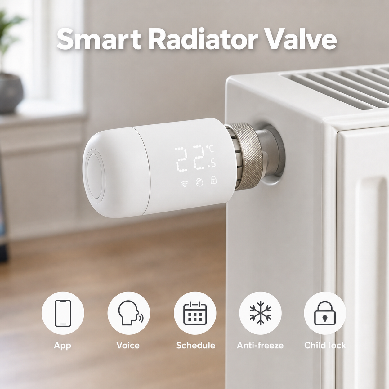 Smart radiator valve feature visual with app voice schedule and child lock