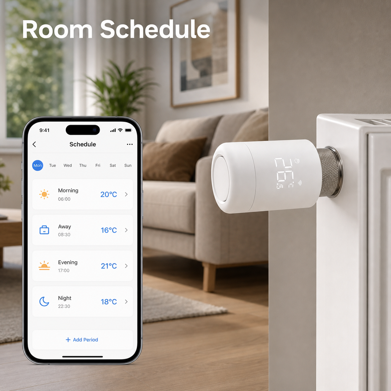 Room scheduling app visual for Wi-Fi radiator valve